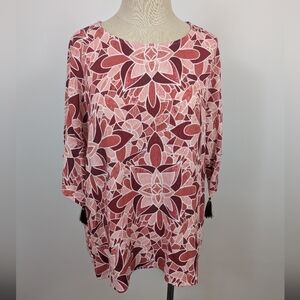Floral Print Women's Top Red and Pink Tassel Detailing, sz MD